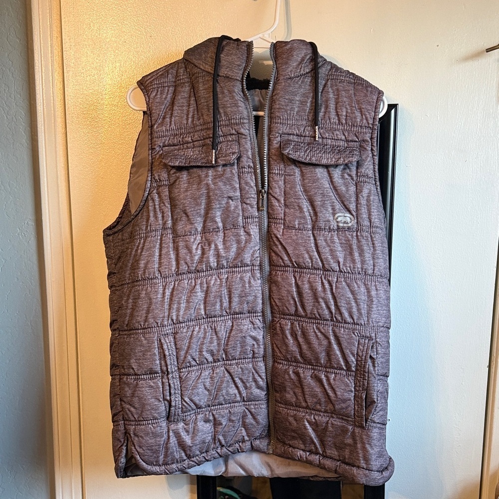 Ecko Unlimited Men's Charcoal Quilted Vest with hood y2k